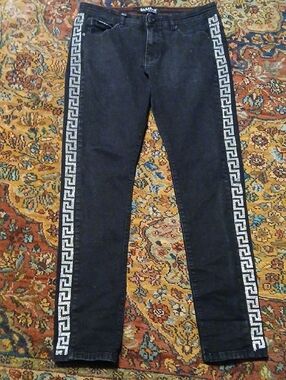 Men's Black Straight Jeans with White Side Pattern - Barabas, Sz.34